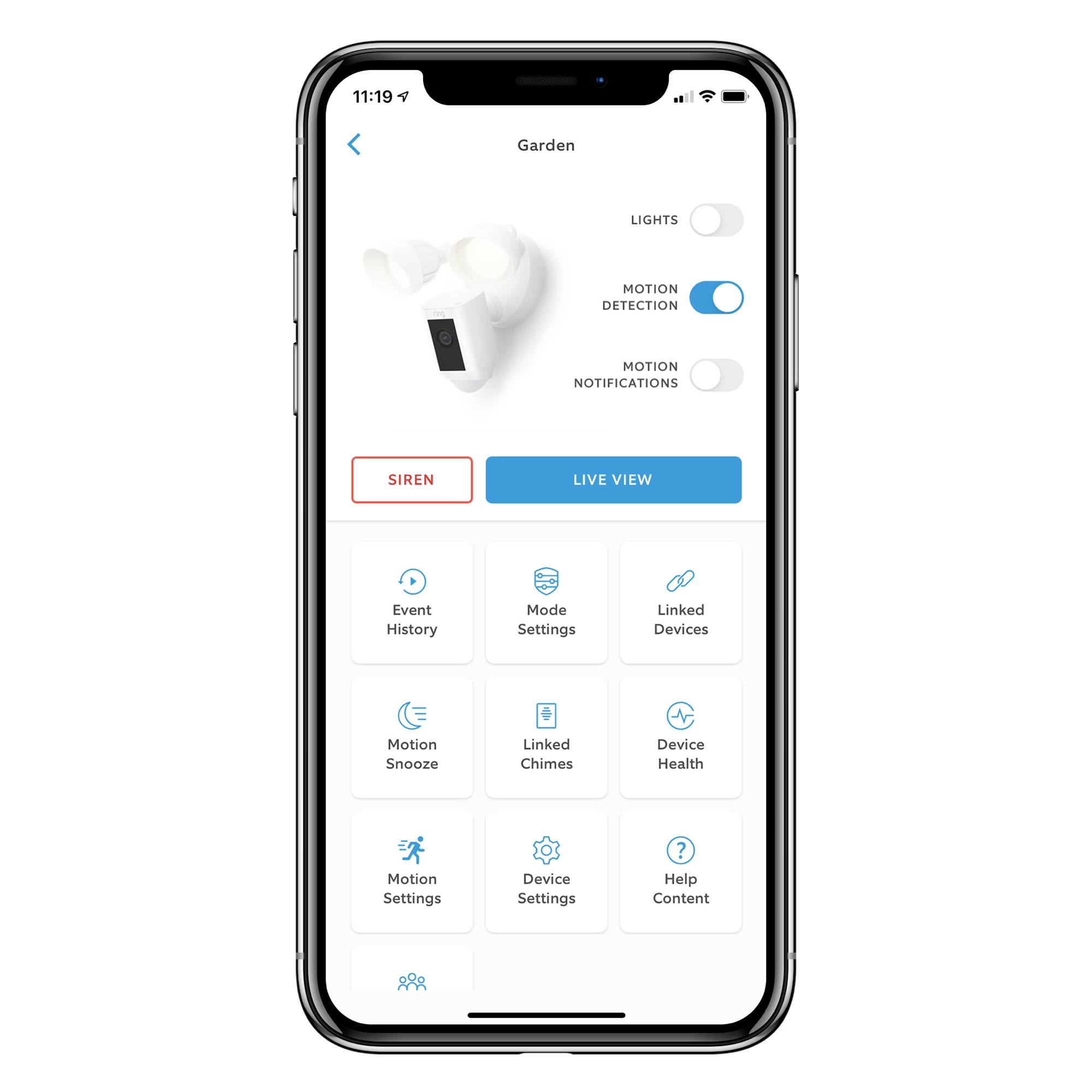 Smartphone-Bildschirm mit Sicherheits-App. Optionen: Beleuchtung, Bewegungserkennung, Bewegungsbenachrichtigungen, Sirene, Live-Ansicht.