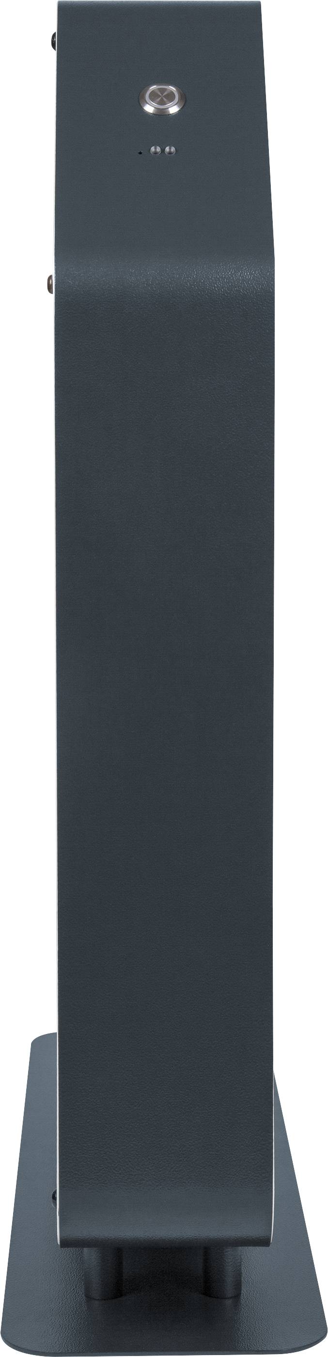 Ein dunkles, hochformatiges Gehäuse ist seitlich abgebildet, auf einem Standfuß stehend, mit einem kleinen Knopf oben sichtbar.