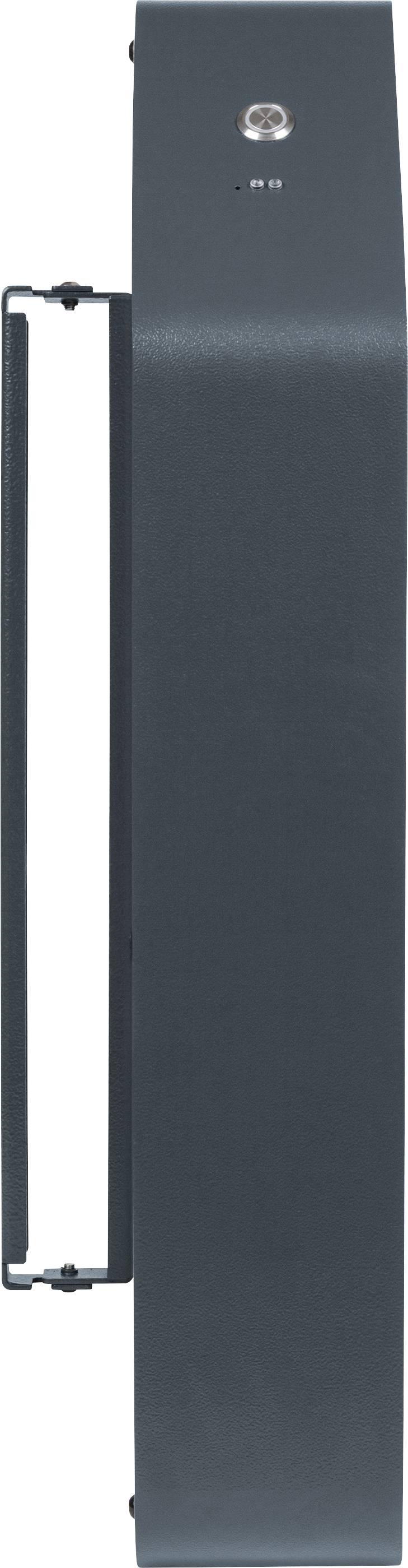 Dunkelblaues, vertikales Metallteil mit einem kleinen runden Knopf oben und seitliche Halterung.