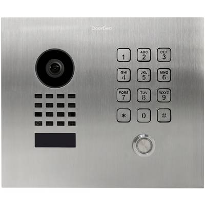 Türsprechanlage aus Metall mit Kamera, Lautsprecher und Tastenfeld zur Eingabe von Codes.