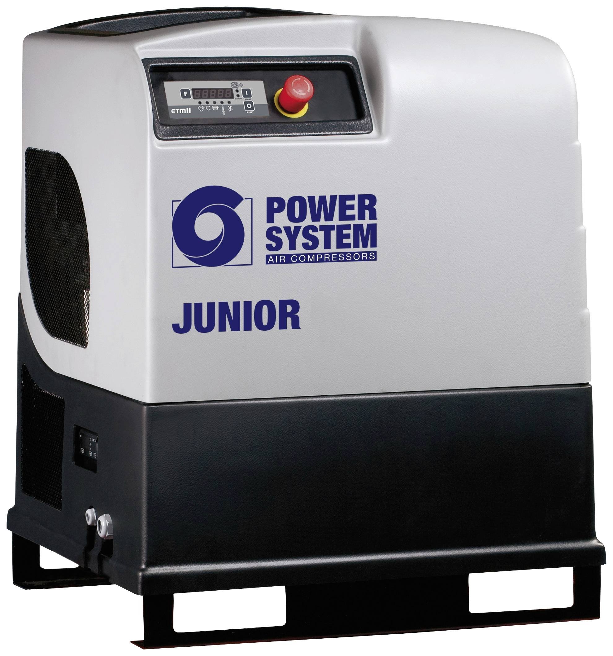 Kompakter Luftkompressor mit Label 'Power System Air Compressors JUNIOR', grau-schwarzes Gehäuse, Not-Aus-Knopf oben.