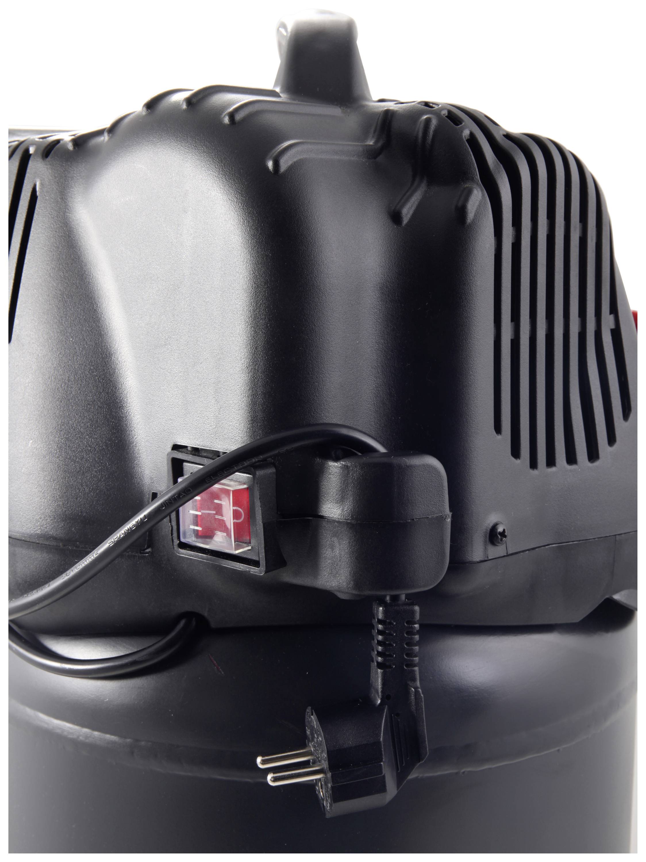 Schwarzer Luftkompressor mit einem Stromkabel und einem Schalter an der Seite. Gerät steht auf einer flachen Oberfläche.