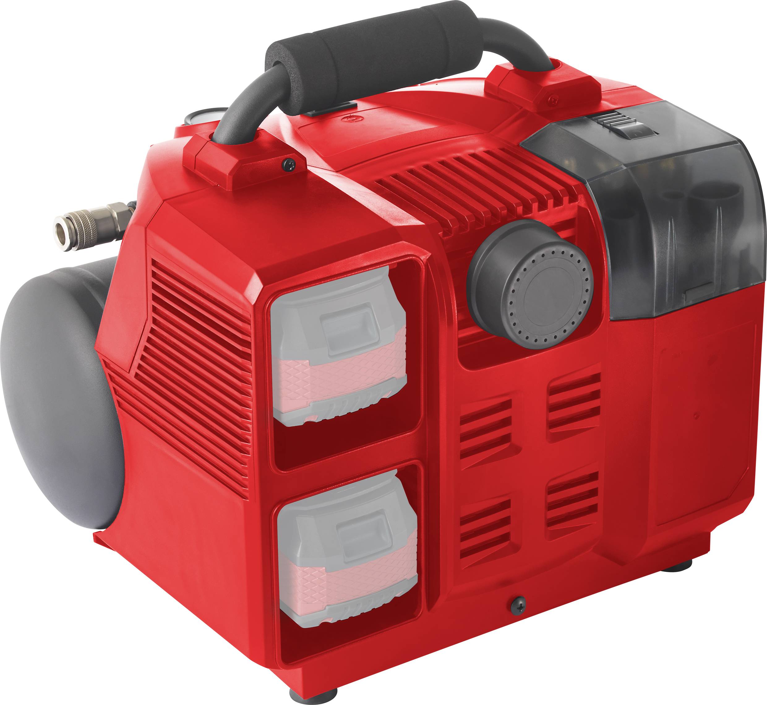 Rote, tragbare Luftkompressorpumpe mit zwei Batterieeinsätzen, schwarzem Griff und Schlauchanschluss seitlich.