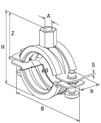Technische Zeichnung einer Rohrschelle mit sechs markierten Maßen (Z, H, B, S, b, D) und ein Pfeil mit der Bezeichnung 'A'.