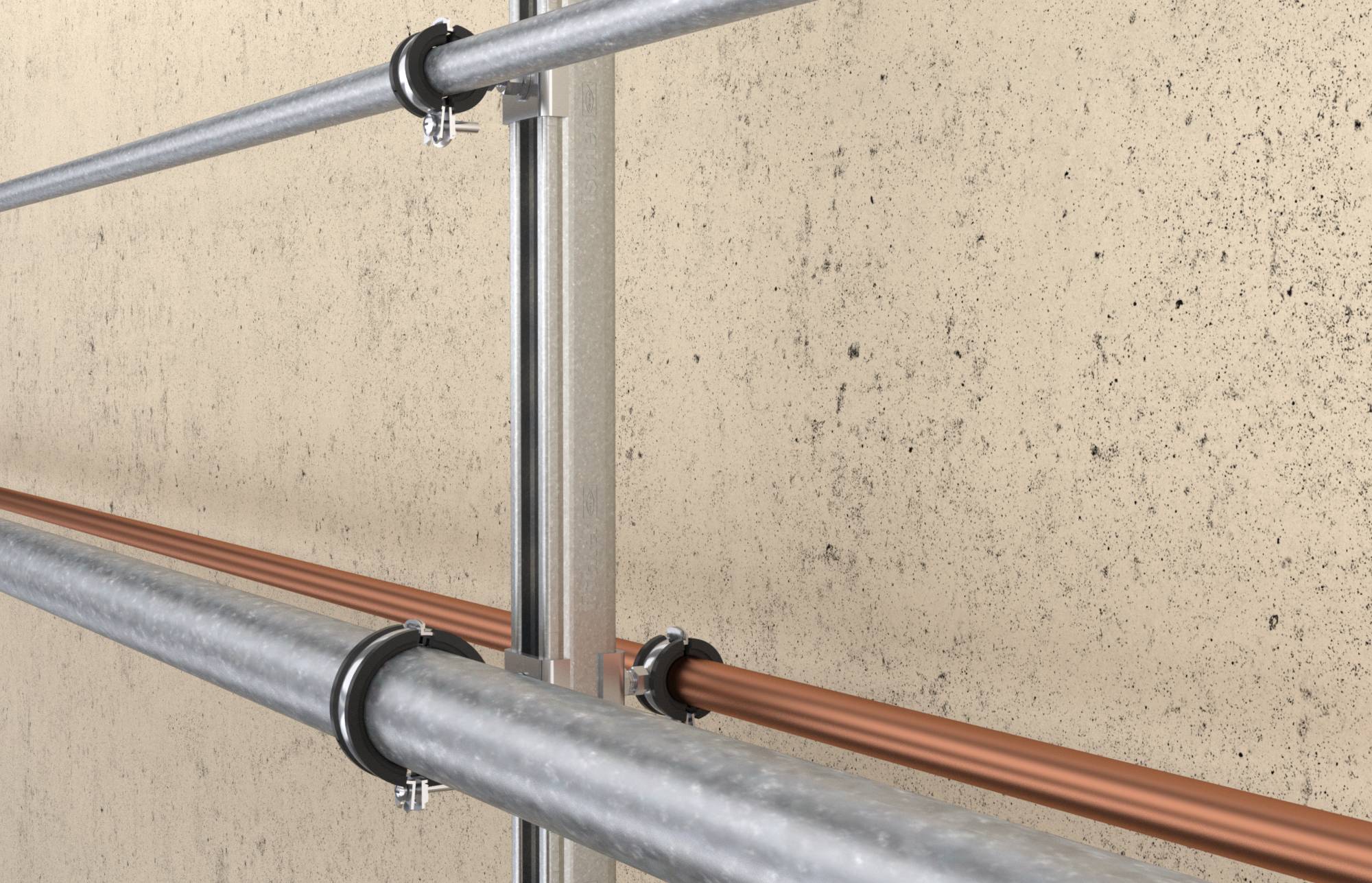 'Stahl- und Kupferrohre an einer Betonwand befestigt, Darstellung einer stabilen Rohrinstallation.'