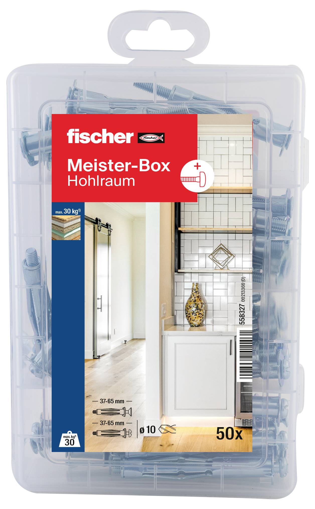 'Fischer Meister-Box Hohlraum' Schrauben-Set, 50 Stück. Verpackung zeigt Schrauben und einen Einsatz im Küchenbereich.