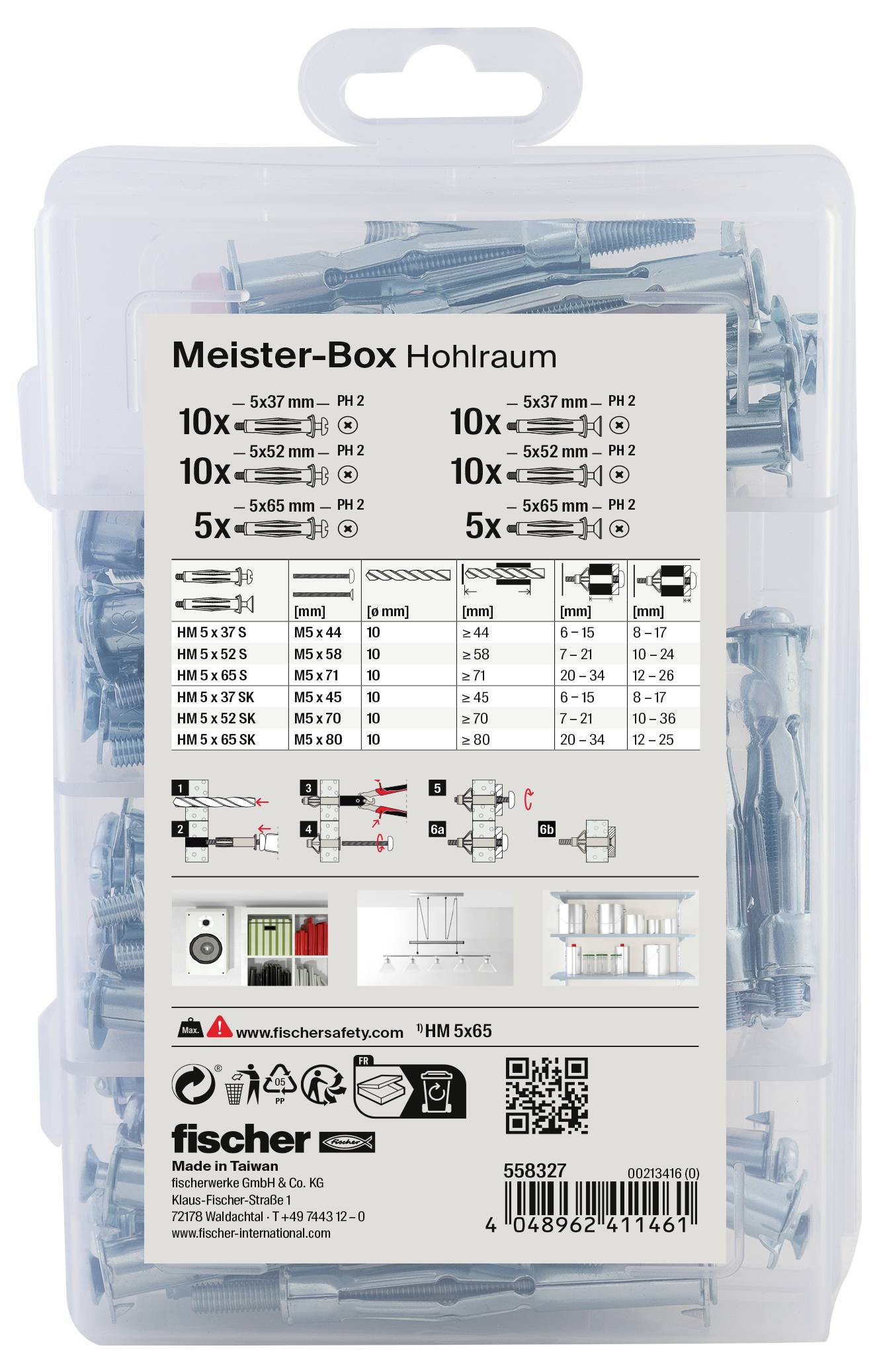 Plastikbox mit verschiedenen Hohlraumdübeln und Schrauben. Etikett zeigt Größen, Typen; Marke 'fischer'. Bild einer Montageanleitung.