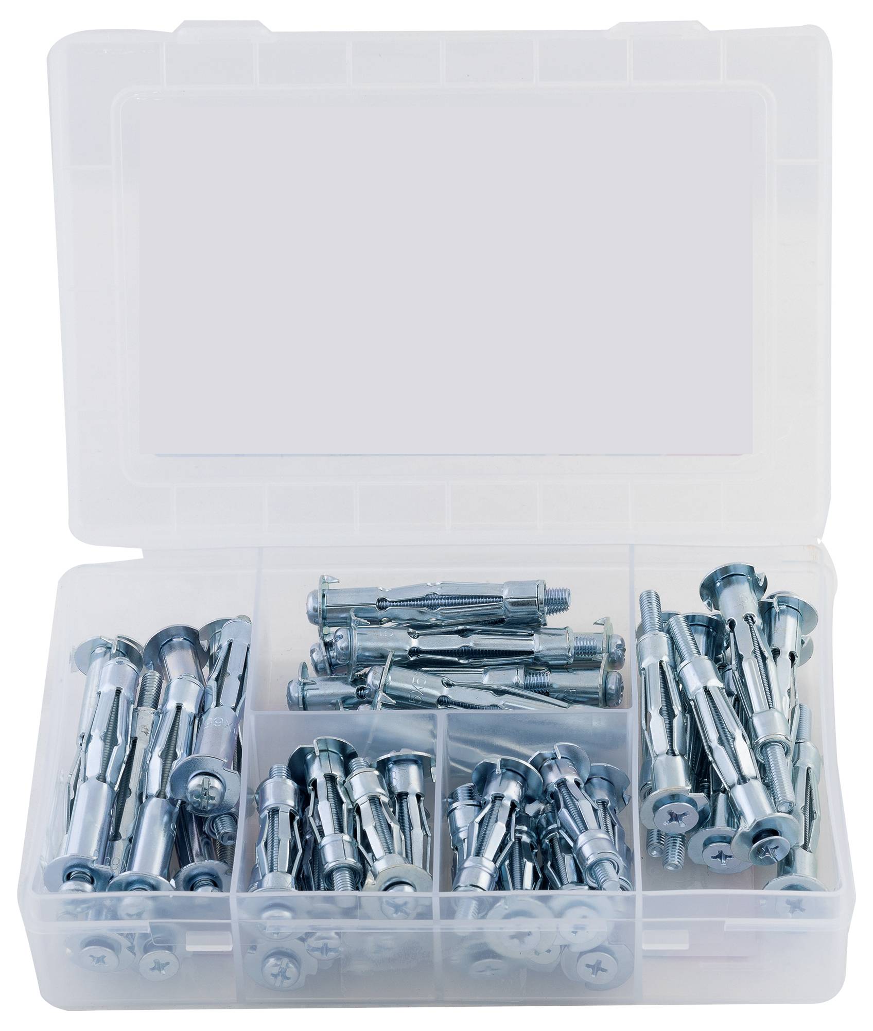 Metall-Dübel-Set in einer transparenten Kunststoffbox mit sechs Fächern, gefüllt mit verschiedenen Metall-Dübeln zur Befestigung.