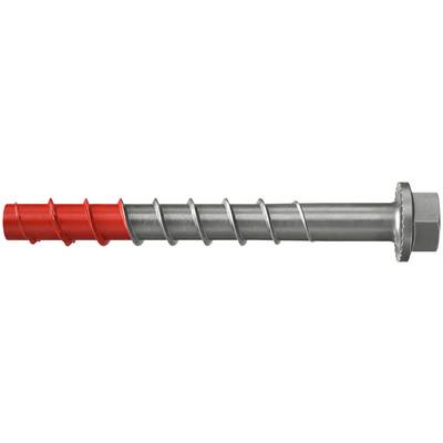 Eine Metallschraube mit einem rot beschichtetem Gewindeende und silbernem Schaft, die in einem Sechskantköpfchen endet.