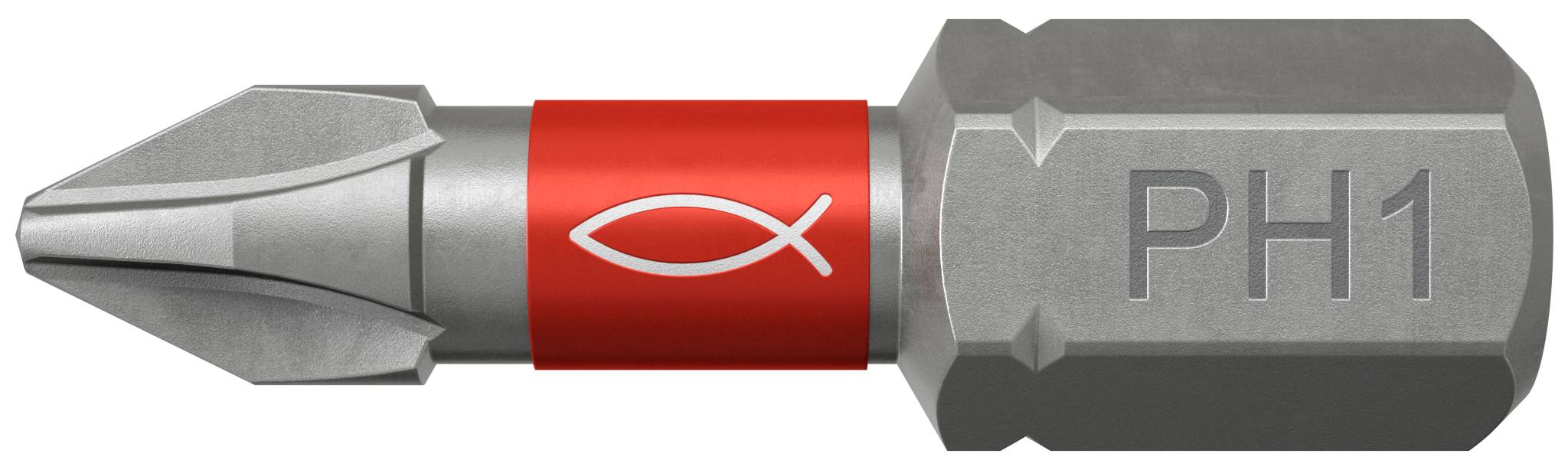 Nahaufnahme eines Phillips-Schraubendreher-Bits #1 mit rotem Band und silberner Metallspitze, mit der Bezeichnung PH1.