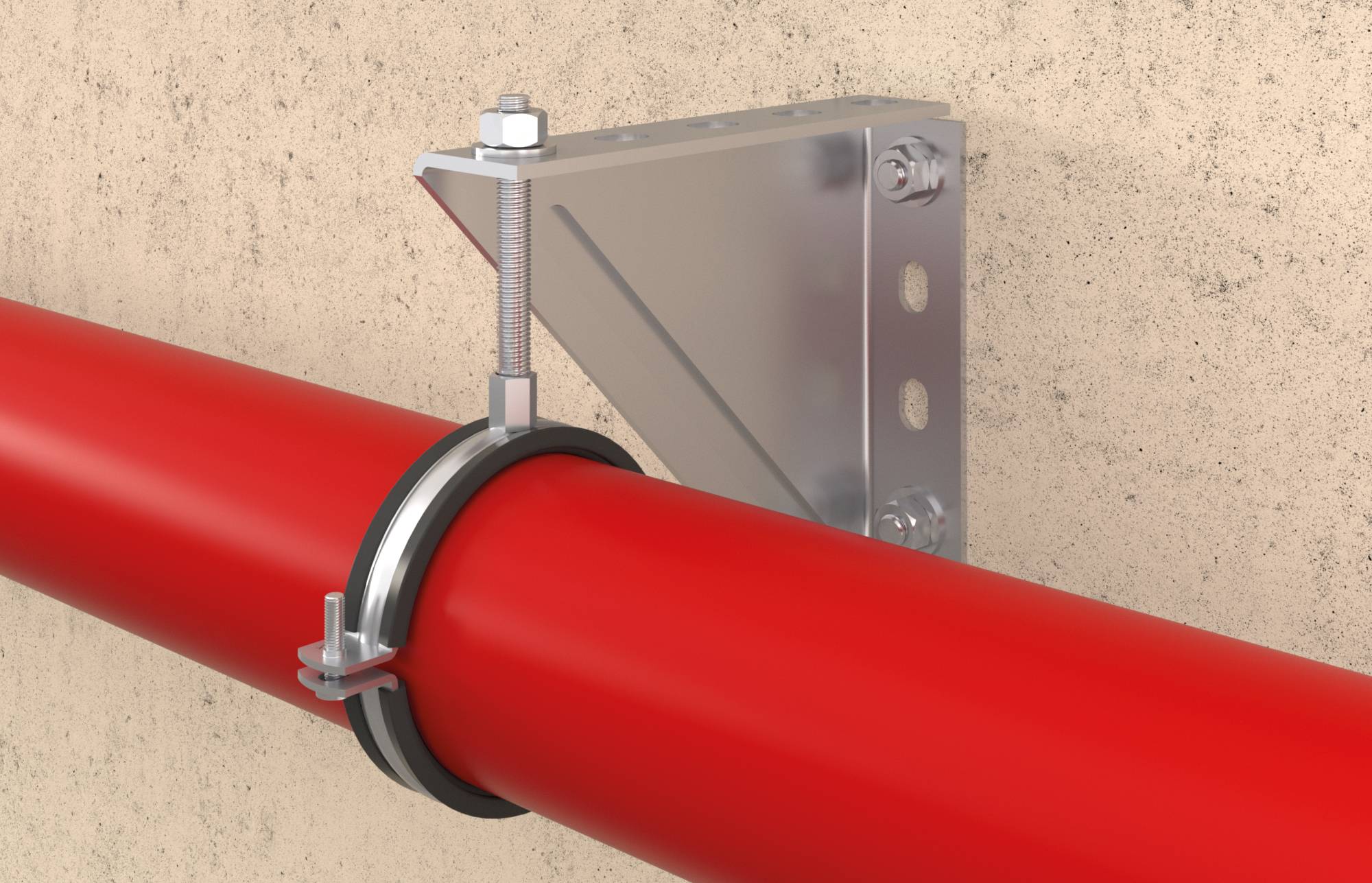 Rotes Rohr mit Metallhalterung an einer Wand befestigt, zeigt sichere Rohrinstallation.