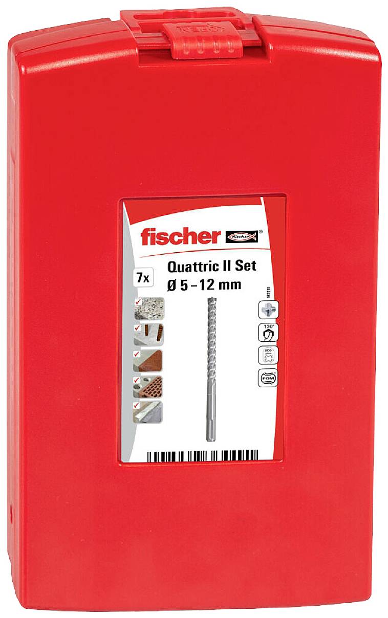 Rotes Set mit Bohrern 'fischer Quattric II', enthaltene Größen Ø 5-12 mm, geeignet für verschiedene Materialien wie Beton und Ziegel.