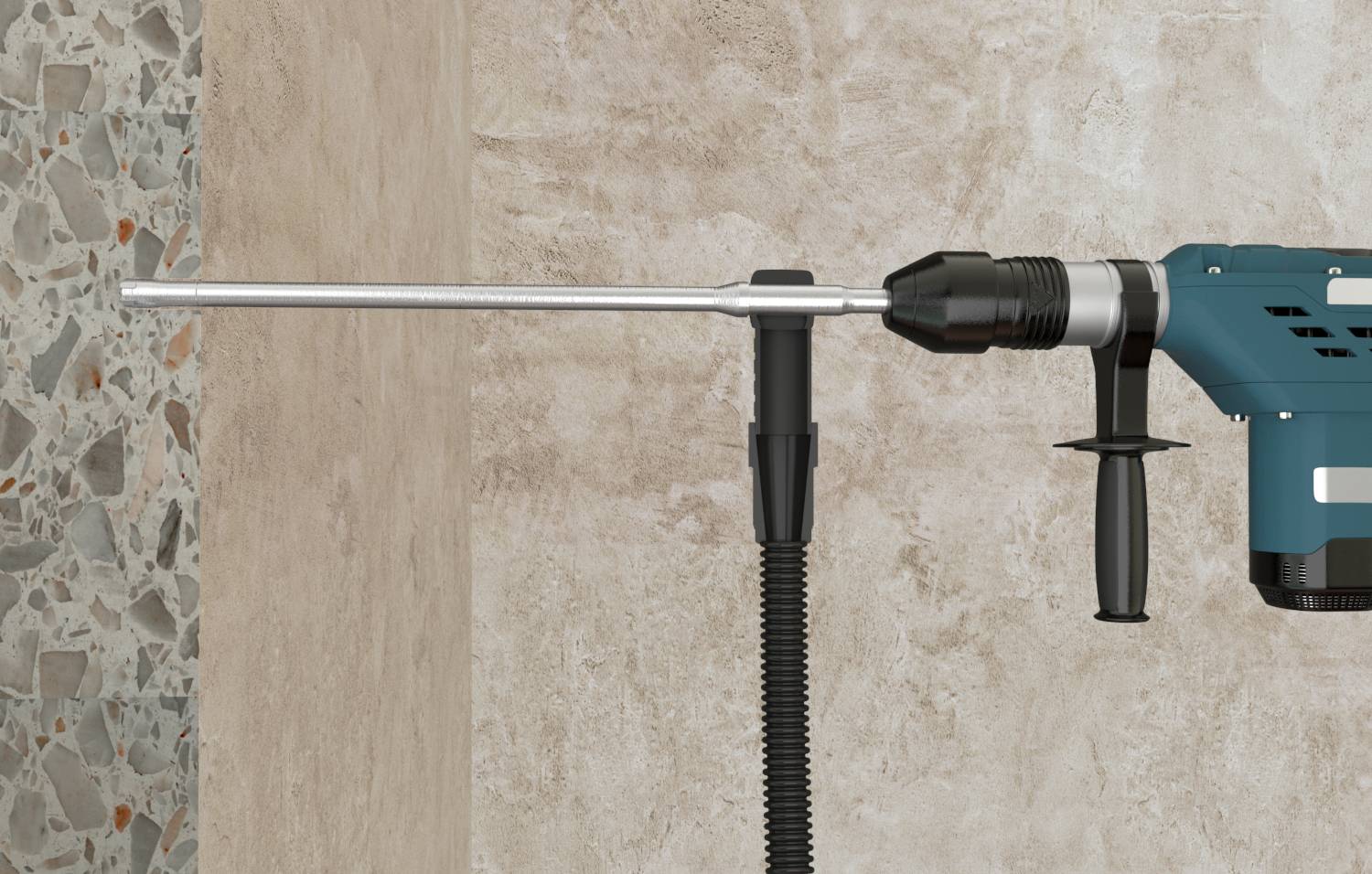 Ein elektrischer Bohrhammer wird verwendet, um ein Loch in eine Betonwand zu bohren. Das Gerät ist blau und verfügt über einen schwarzen Seitengriff.