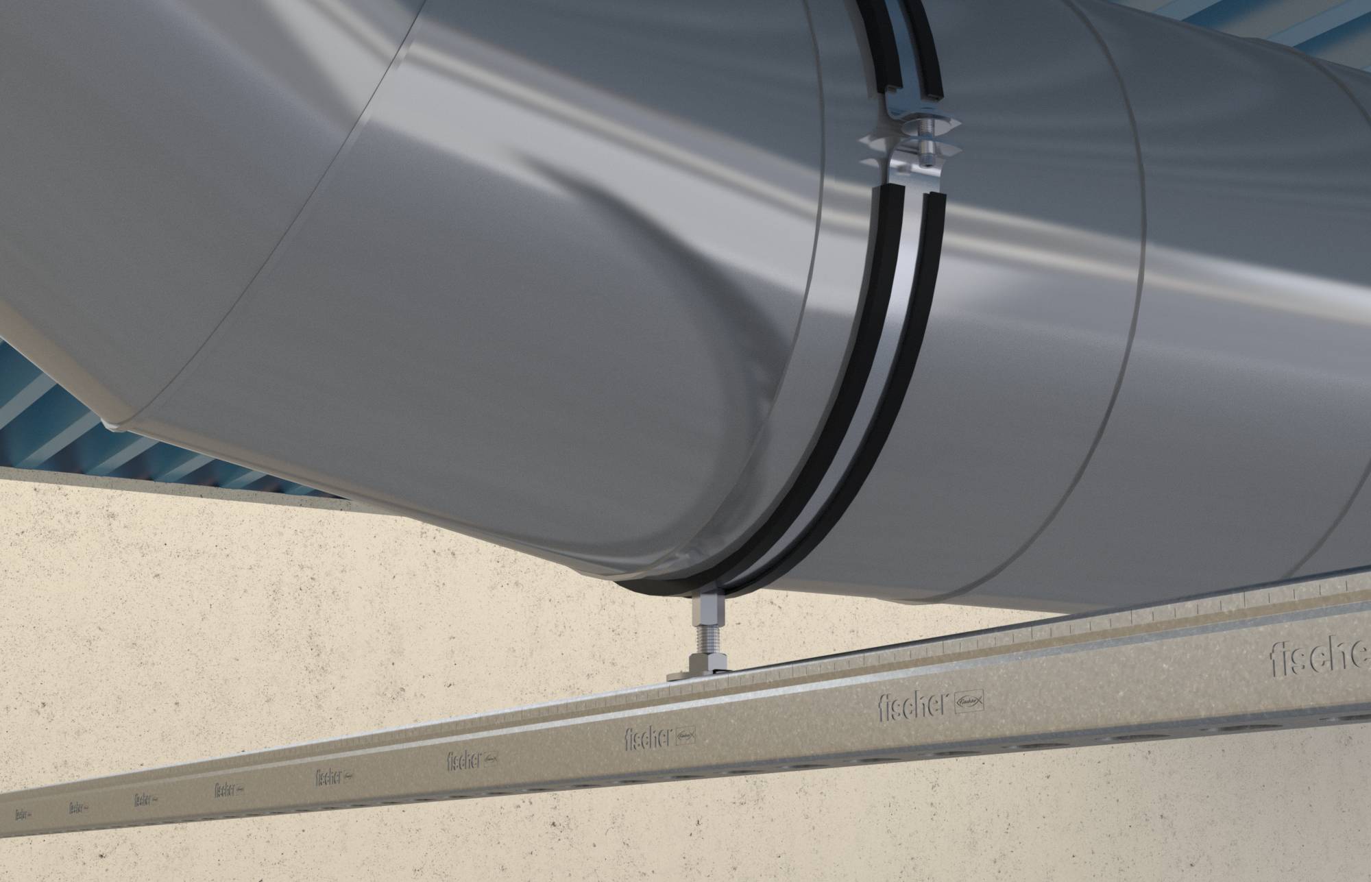 Ein großes Metallrohr wird an einer Decke mit einem stabilen Montagesystem befestigt. Es scheint Teil eines Belüftungssystems zu sein.