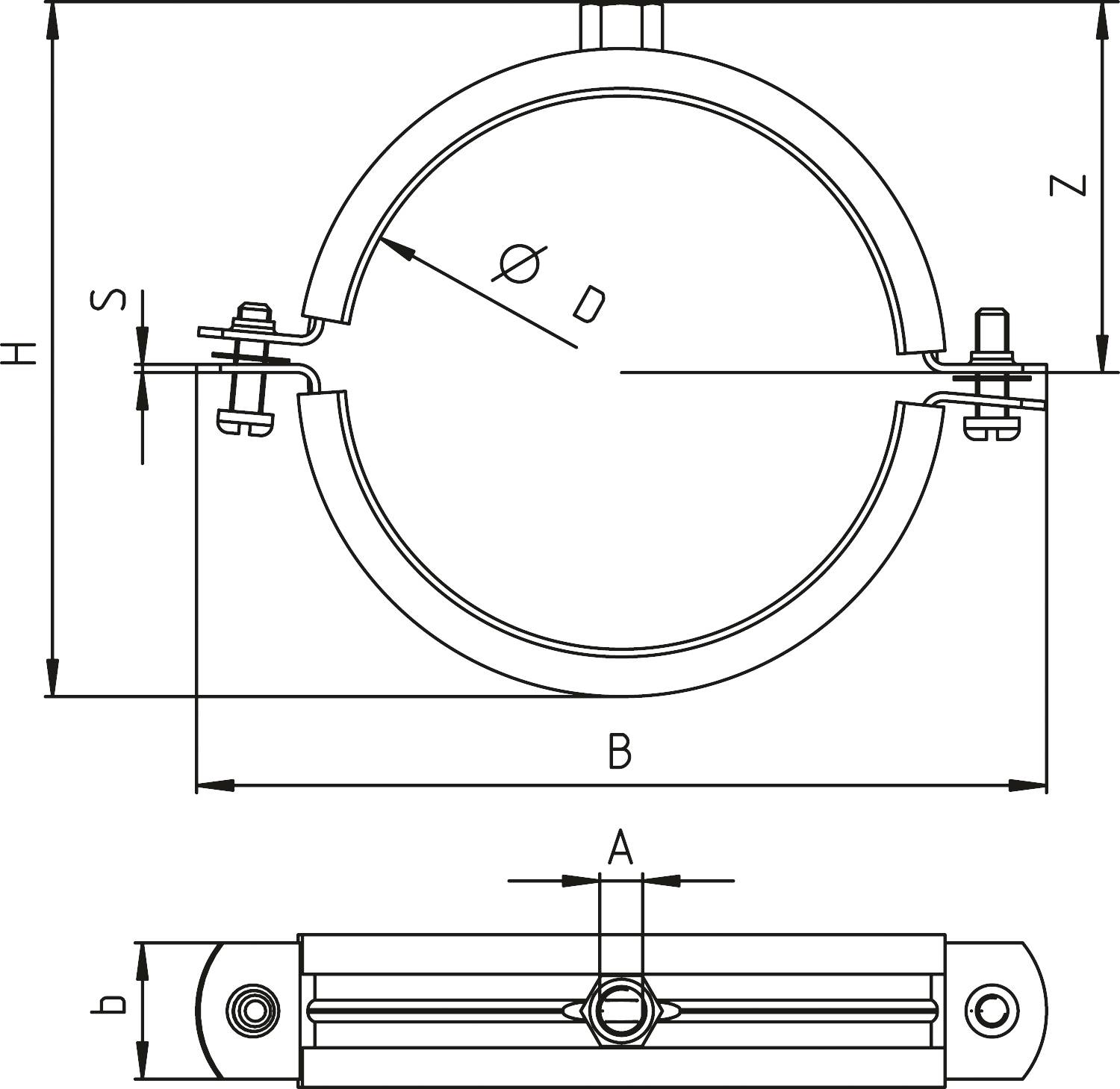 Technische Zeichnung eines Rohrschellenmechanismus mit Maßangaben B, H, S, Z und D sowie Schraubverbindungen.