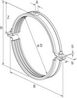 Technische Zeichnung eines Rohrschellen-Modells, zeigt die Maße: Durchmesser D, Breite B, Höhe H, Wandstärke S, Schellenhöhe Z.