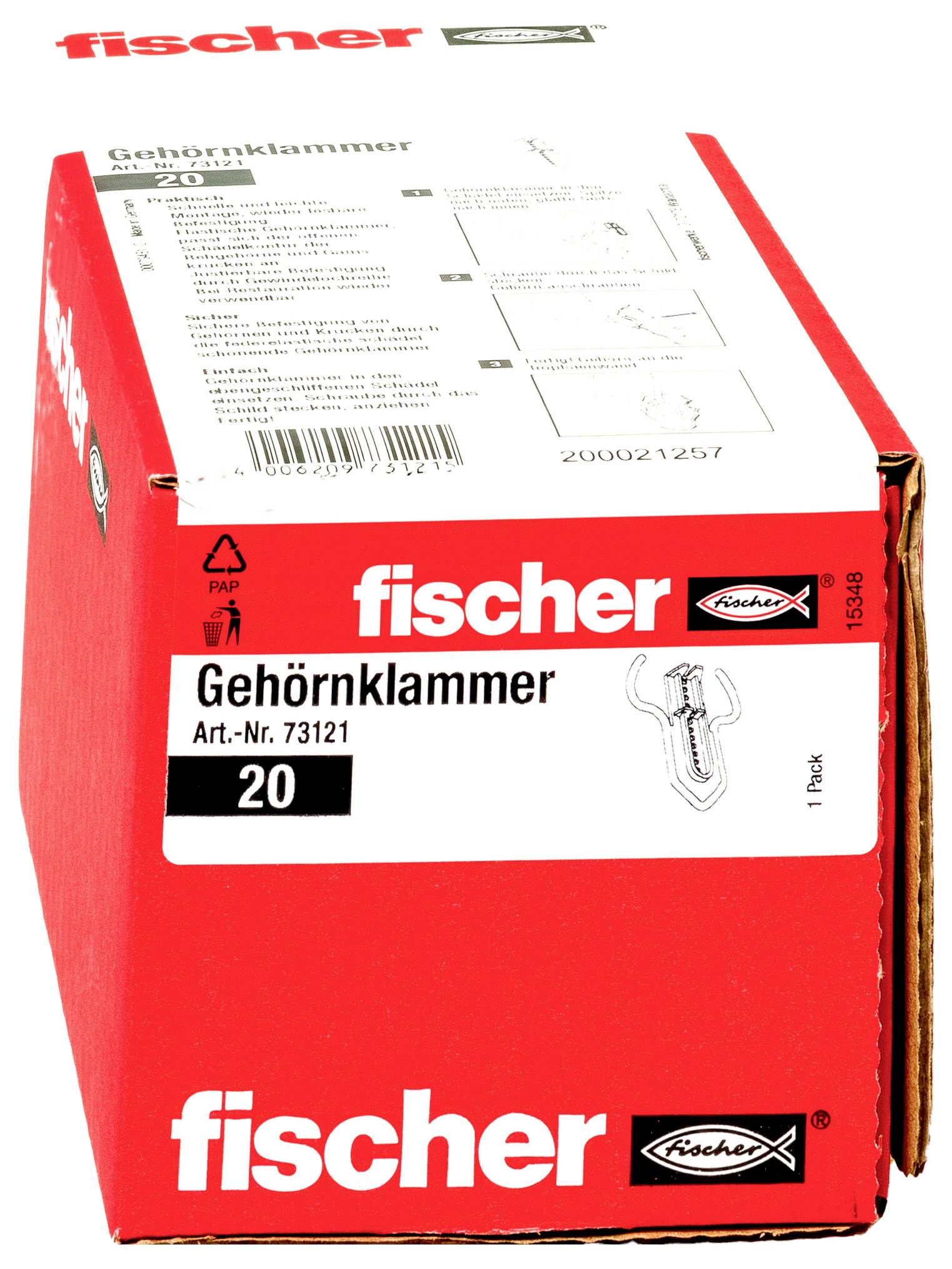 Eine rote Schachtel mit der Aufschrift "fischer Gehörnklammer 20", die ein Stück einer hornförmigen Befestigungsklemme enthält. Artikelnummer: 73121.