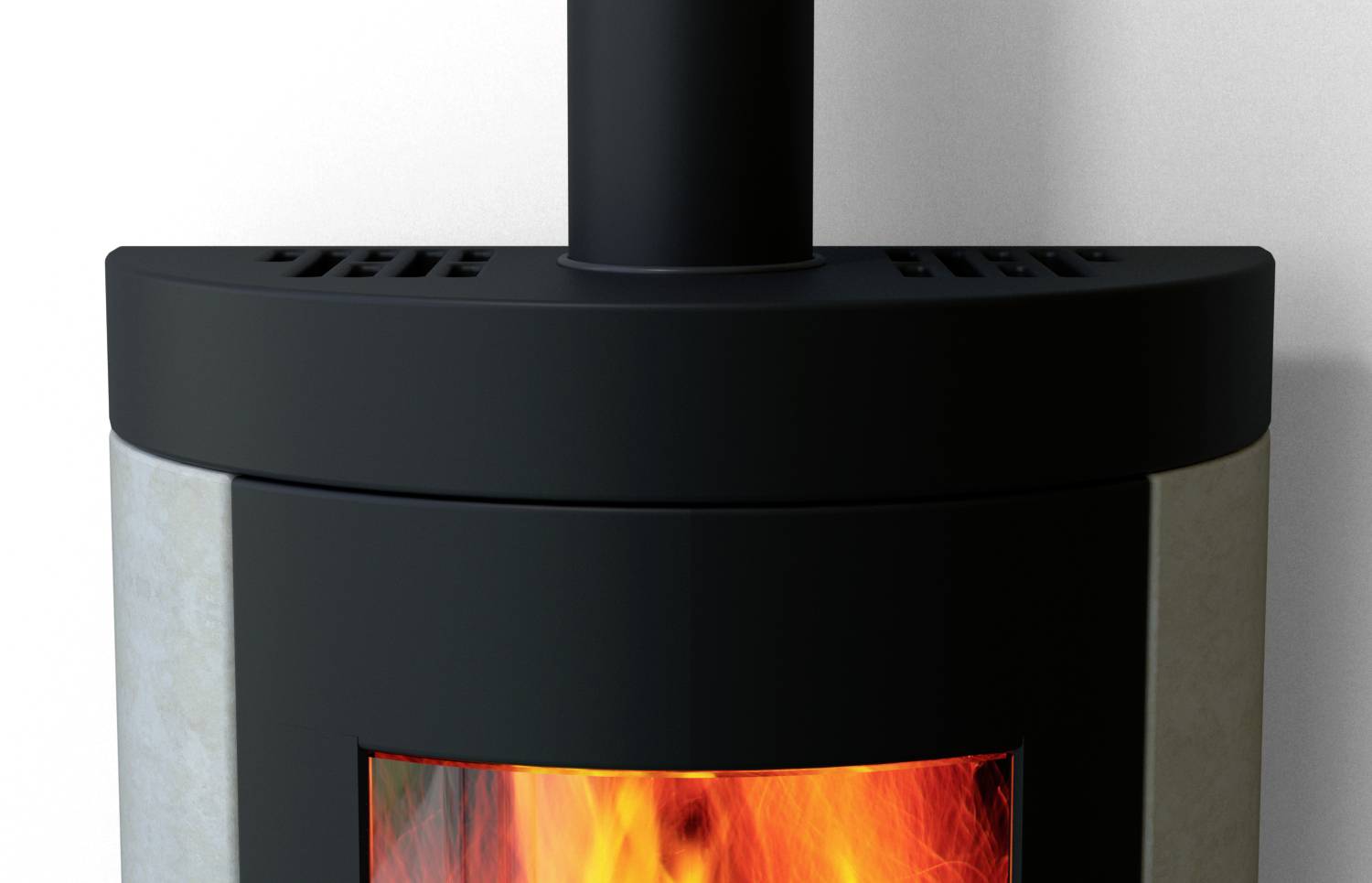 Ein moderner Kaminofen aus schwarzem Metall, im Betrieb mit sichtbaren Flammen hinter einer Glasfront. Er ist an eine Wand angeschlossen.