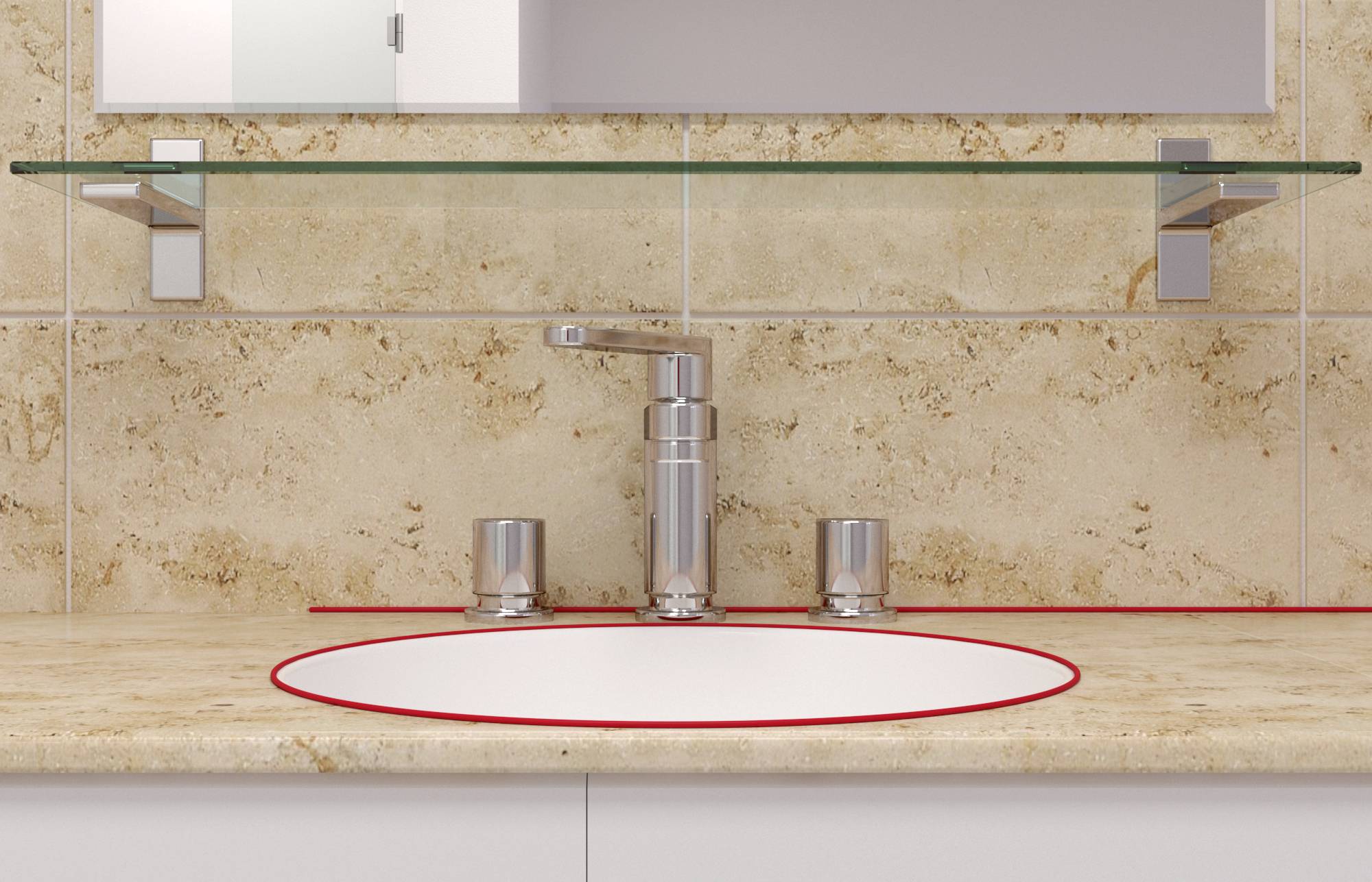 Ein Badezimmerwaschbecken mit einem modernen Wasserhahn, umgeben von einem beigen Marmortisch und einer Glasablage darüber.