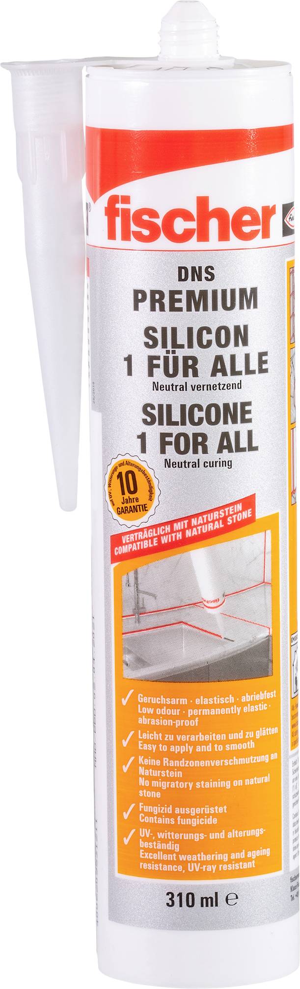 Kartusche mit Silikon, Marke Fischer, 310 ml. Label zeigt Anwendungsbereiche: Abdichten im Bad und Küche. Geeignet für verschiedene Materialien.
