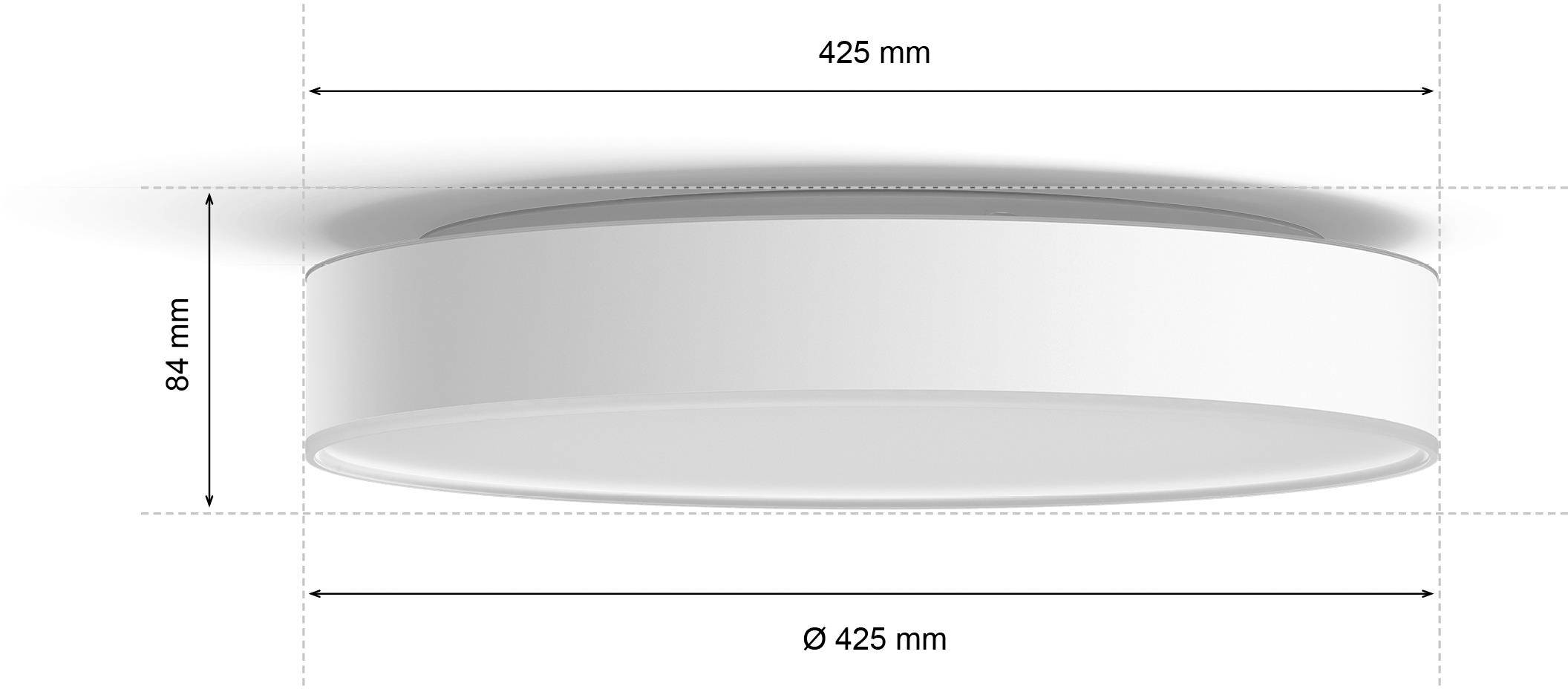 Runde, weiße Deckenleuchte, 425 mm Durchmesser, 84 mm Höhe, mit Beschriftung der Maße (Durchmesser und Höhe) in Millimetern.
