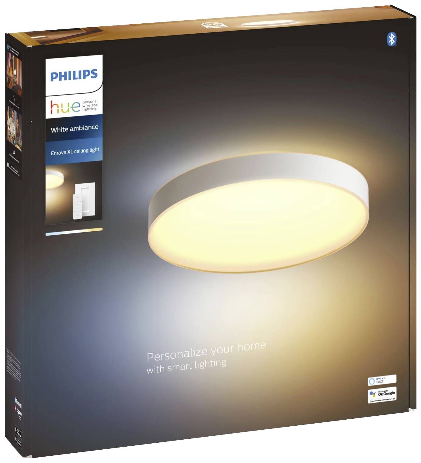 Verpackung einer Philips Hue Deckenleuchte. Zeigt ein Bild der beleuchteten Leuchte und betont 'Personalisieren Sie Ihr Zuhause mit smarter Beleuchtung'.
