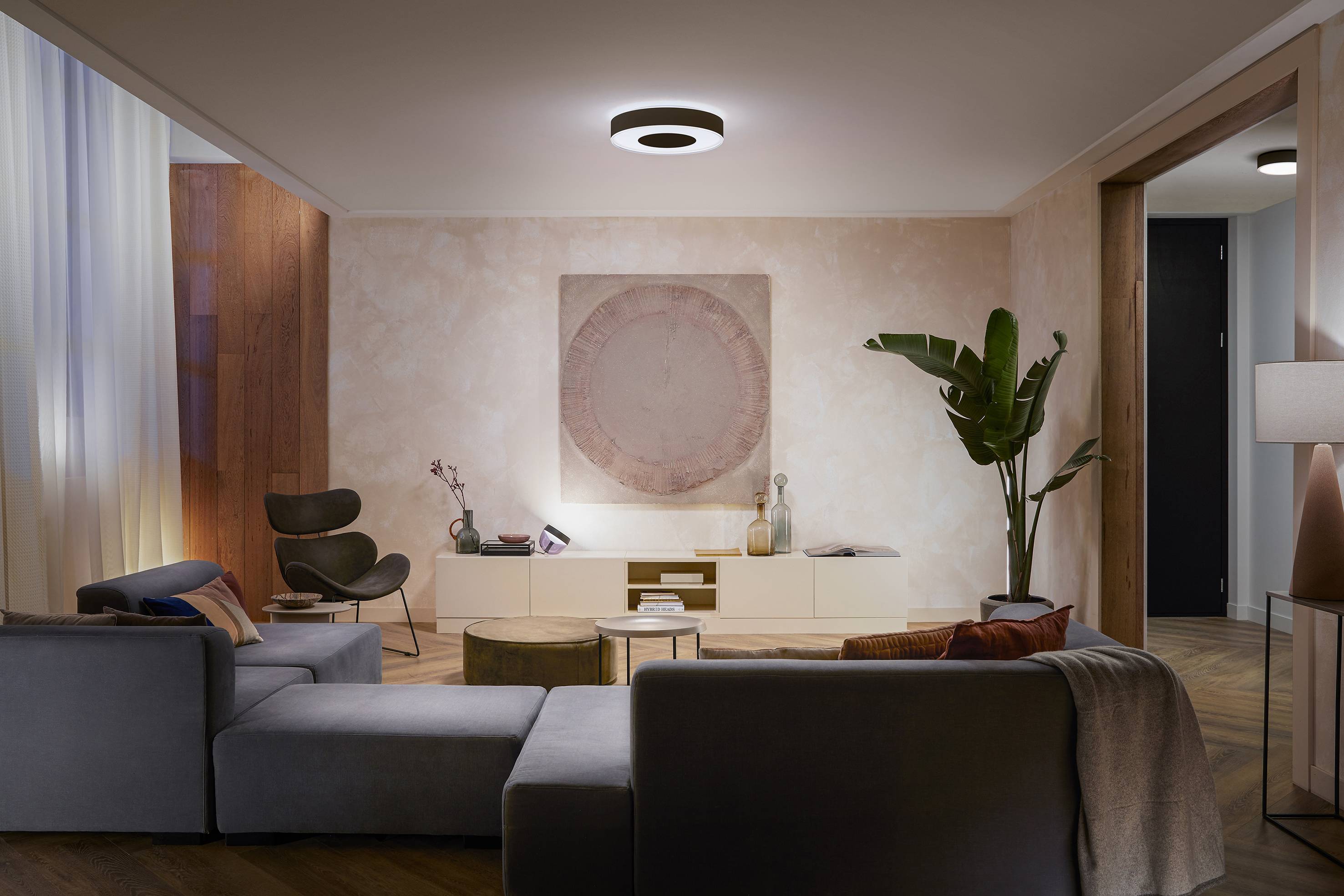 Ein modernes Wohnzimmer mit grauem Sofa, Sessel, Kunstwerk an der Wand und einer großen Zimmerpflanze. Warmes Licht von der Deckenlampe.