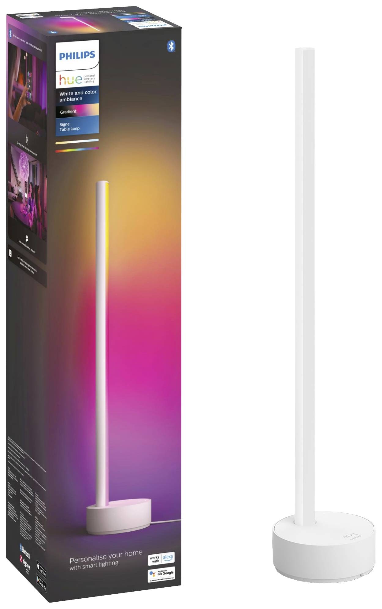 Verpackung und Produktansicht einer weißen, schlanken LED-Stehlampe von Philips Hue. Hintergrund mit buntem Licht dargestellt.