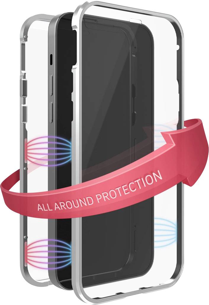 Transparente Handyhülle mit rotem Band und Schriftzug 'All Around Protection'. Schutzschicht dargestellt durch bunte Wellen.