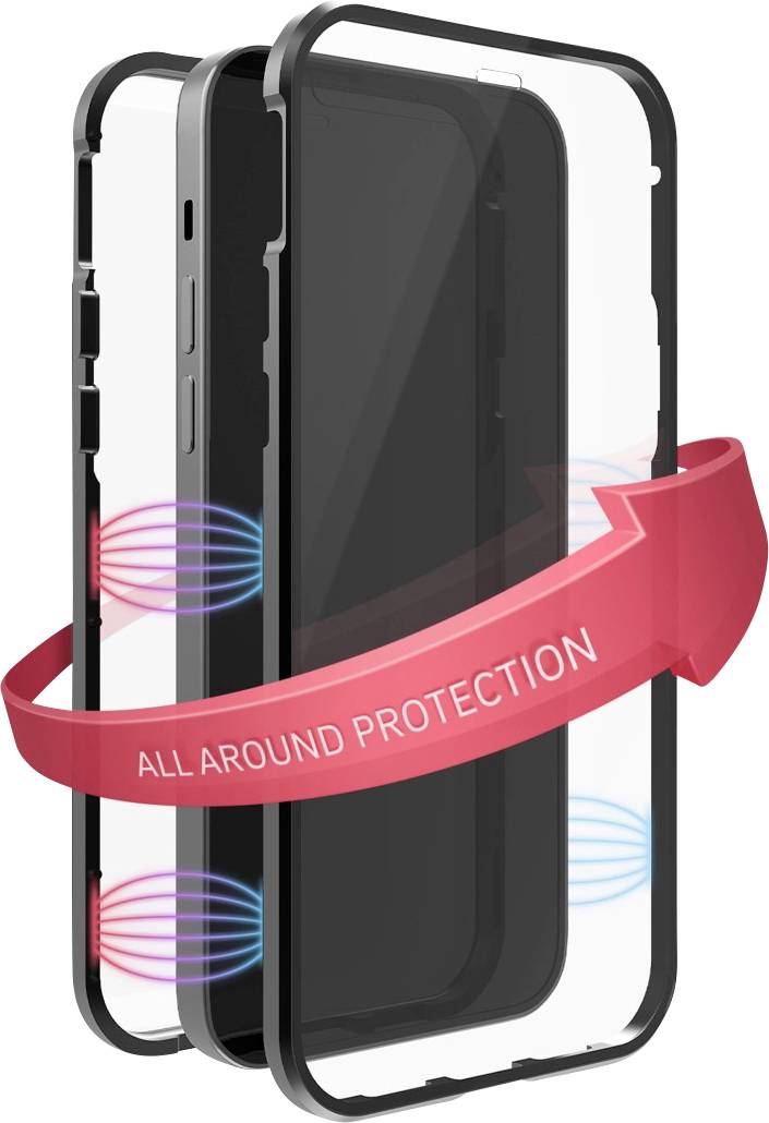 Smartphone-Hülle aus drei Teilen, bietet 'All Around Protection'. Zeigt Schutzsymbolik mit farbigen Lichtern und rotem Pfeil.