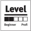 Schwarz-weißes Bild mit Text: 'Level'. Darunter ein Fortschrittsbalken von 'Beginner' bis 'Profi', teilweise gefüllt.
