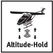 Schwarz-Weiß-Grafik eines Hubschraubers mit Symbolen für Höhenhaltung und Text 'Altitude-Hold', was die Stabilisierung in der Luft anzeigt.