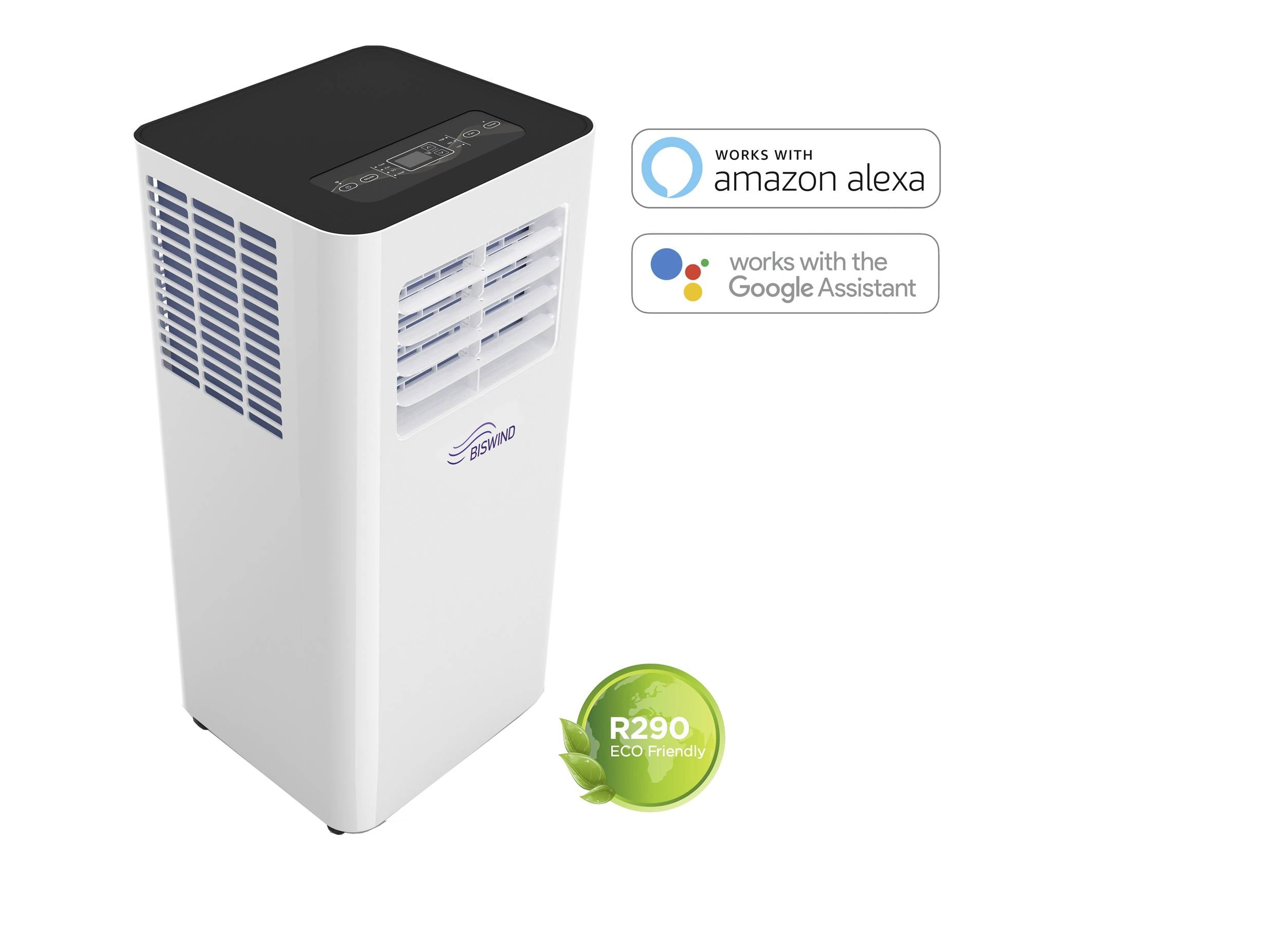 Klimagerät mit digitalen Bedienelementen, kompatibel mit Alexa und Google Assistant, nutzt umweltfreundliches R290-Kältemittel.