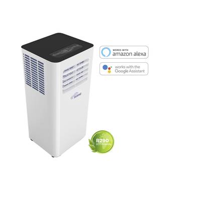 Klimagerät mit digitalen Bedienelementen, kompatibel mit Alexa und Google Assistant, nutzt umweltfreundliches R290-Kältemittel.