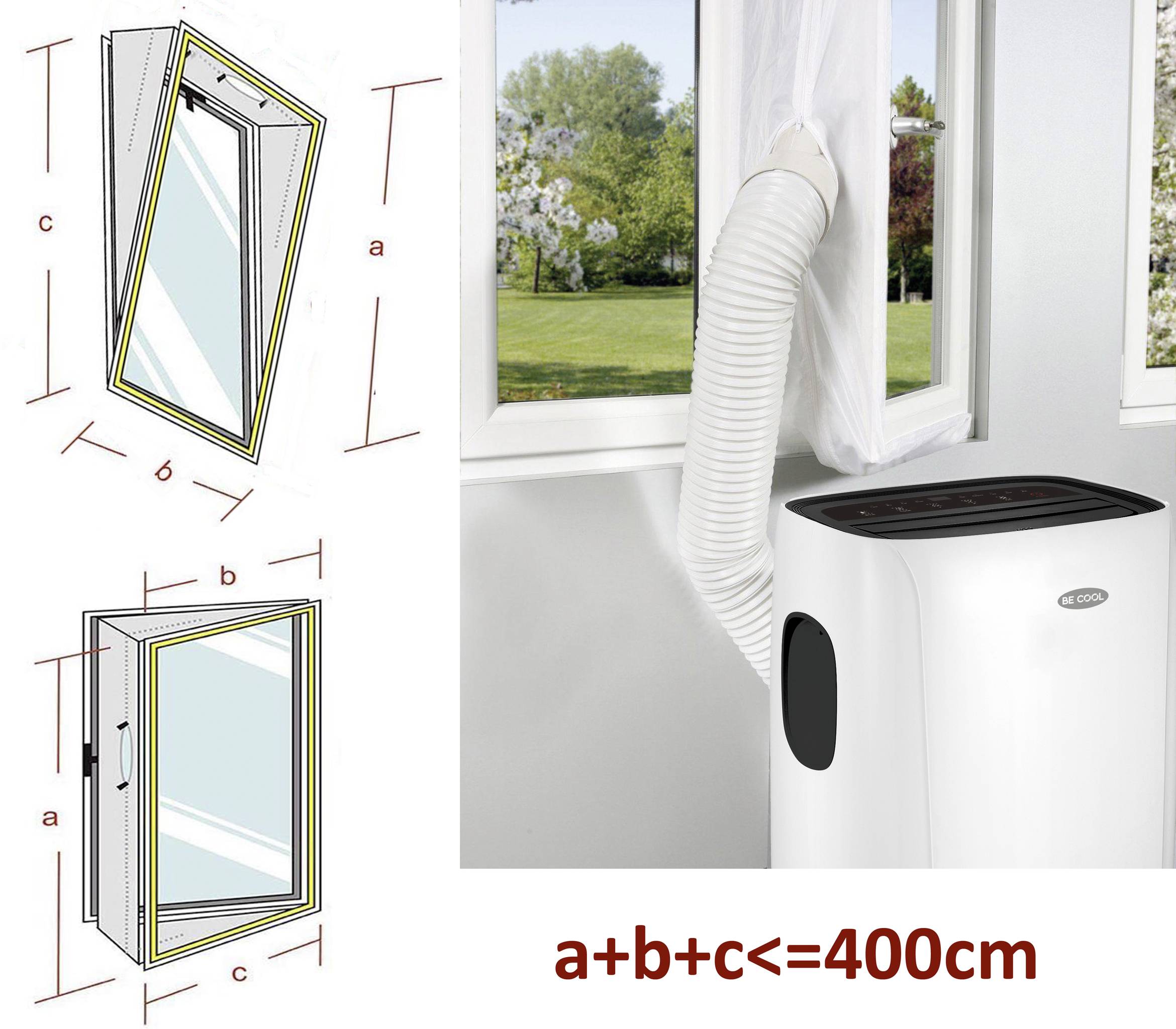 Ein tragbares Klimagerät ist mit einem flexiblen Schlauch durch ein Fenster verbunden. Illustration zeigt Maße des Fensterrahmens. Maximale Gesamtlänge: 400 cm.