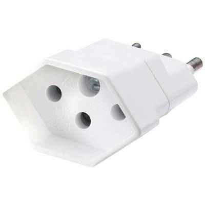 Ein weißer Eurostecker mit zwei Stiften und einer Erdungshülse, für europäische Steckdosen geeignet, isoliert und aus Kunststoff.