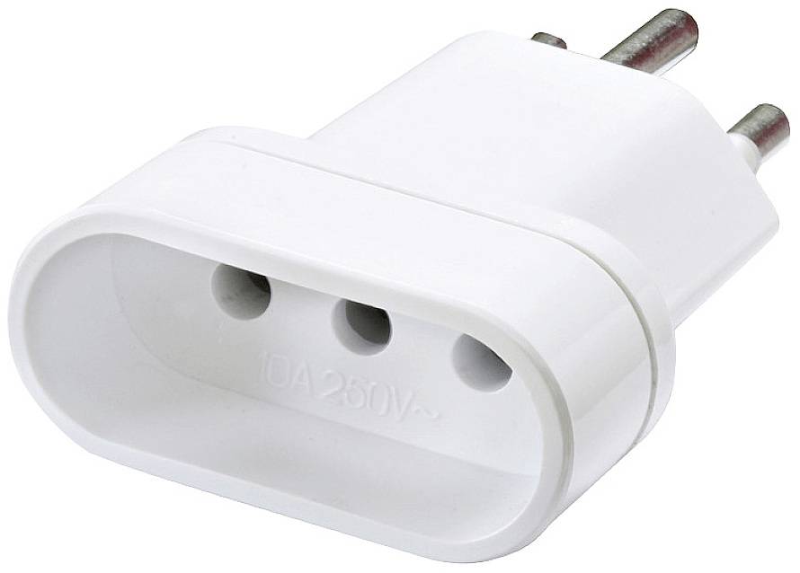 Ein weißer, dreipoliger Reisesteckeradapter, geeignet für Steckdosen mit 250V. Ideal zur Verbindung verschiedener Steckdosentypen.