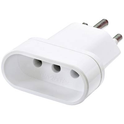 Ein weißer, dreipoliger Reisesteckeradapter, geeignet für Steckdosen mit 250V. Ideal zur Verbindung verschiedener Steckdosentypen.