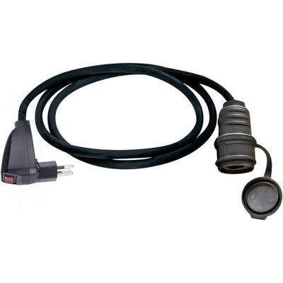 Schwarzes Verlängerungskabel mit einem Stecker auf der einen und einer geschlossenen Steckdose auf der anderen Seite, geeignet für den Innenbereich.
