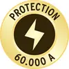 Abzeichen mit goldener Umrandung und Blitzsymbol, Text 'Protection 60.000 A', symbolisiert hohen Stromschutz.