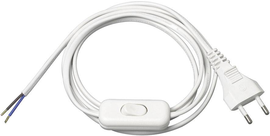 Weißes Kabel mit Stecker und Schalter, Enden abisoliert.
