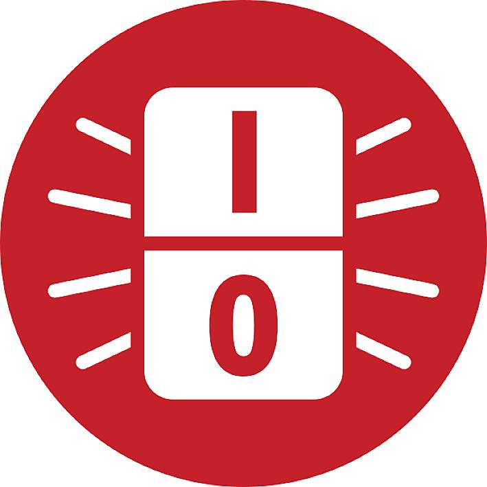 'Ein/Aus'-Symbol in rotem Kreis, das Gerätesteuerung oder ein Bedienfeld darstellt.