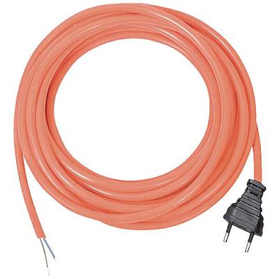 Ein langes oranges Elektrokabel mit einem schwarzen Stecker am Ende und offenen Drähten auf der anderen Seite.