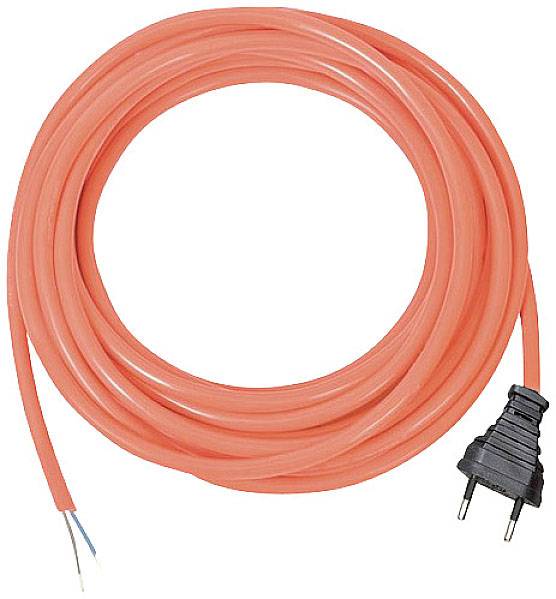 Ein langes, rotes Verlängerungskabel, aufgerollt mit einem abisolierten Ende und einem Stecker am anderen Ende.