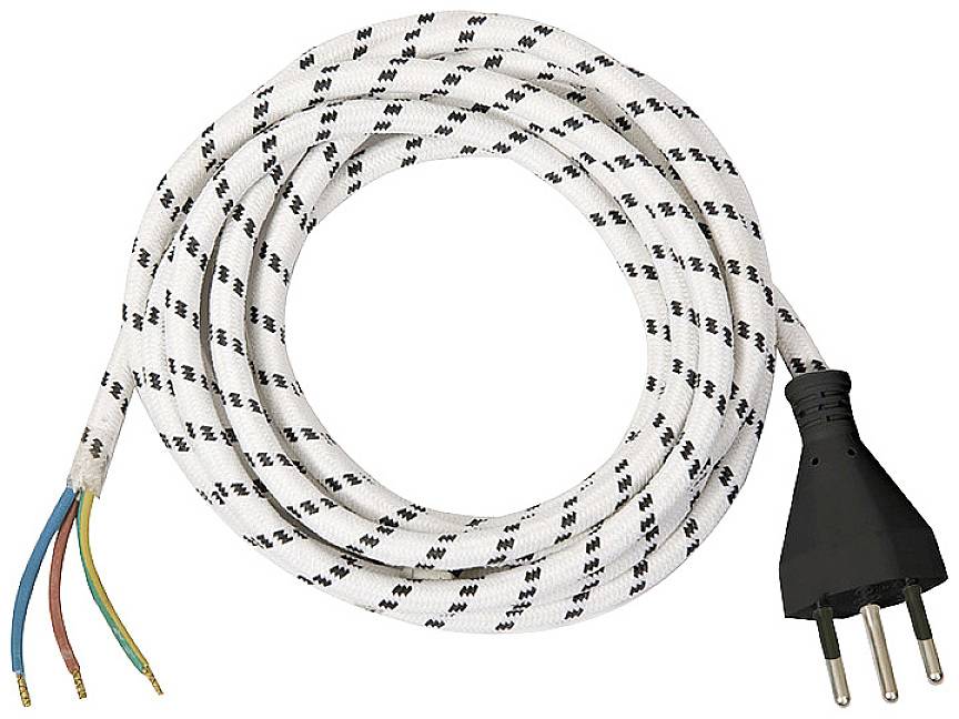 Weißes, geflochtenes Stromkabel mit schwarzem Stecker und offenen, farbigen Enddrähten: blau, braun und grün-gelb.