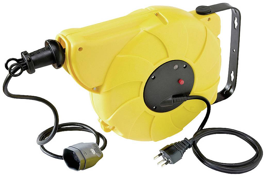 Gelbe automatische Kabeltrommel mit schwarzem Netzkabel und Steckerkupplung, montierbar an Wand oder Decke.