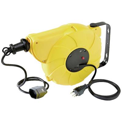 Gelbe automatische Kabeltrommel mit schwarzem Netzkabel und Steckerkupplung, montierbar an Wand oder Decke.