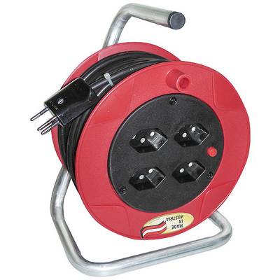 Eine rote Kabeltrommel mit vier Steckdosen und einem Kabel aufgerollt. Eignet sich für Verlängerung von Stromkabeln.