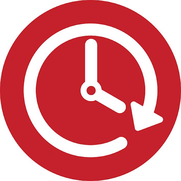 Ein rotes Symbol mit einem weißen Uhr-Icon im Zentrum, das eine Uhr mit einem Pfeil im Uhrzeigersinn zeigt.