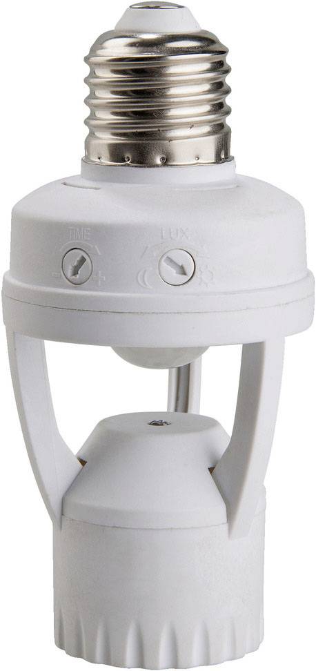 Sensoradapter mit E27-Fassung für Glühbirnen. Enthält Zeitschalt- und Helligkeitsregler. Weißes Kunststoffgehäuse mit Metallgewinde.